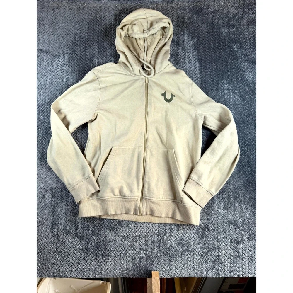 True Religion Buddha Hoodie Mens L Beige Streetwear Graphic on Back Sweatshirt